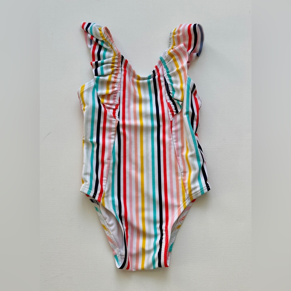 Old Navy girl’s Ruffle-Strap Swimsuit.  Multicolor Stripe pattern.  Size 18-24M.